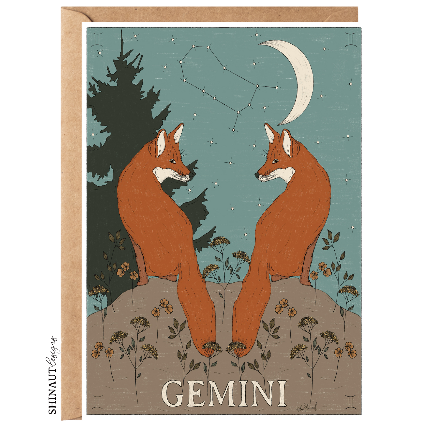 gemini zodiac greeting card with kraft envelope