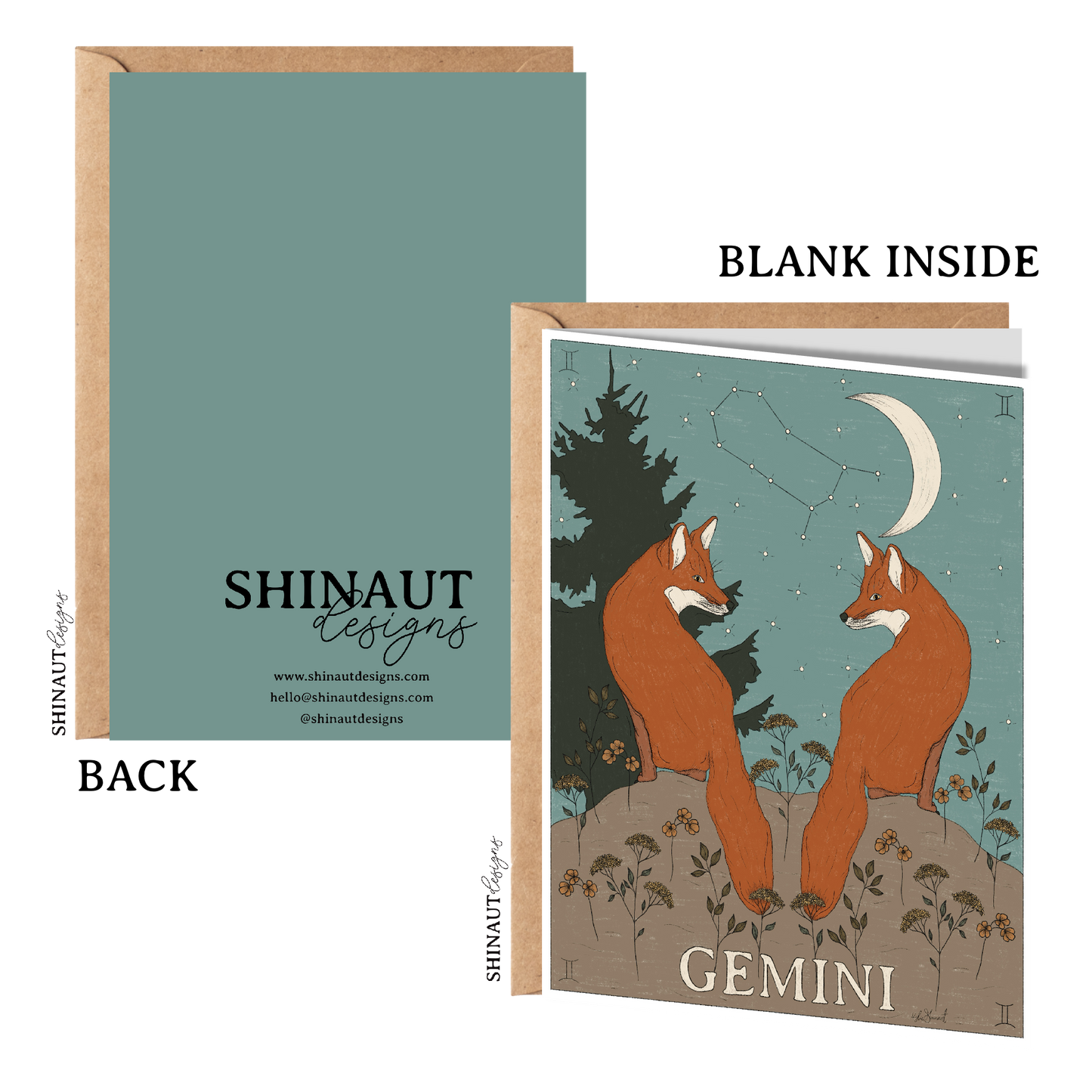 gemini zodiac greeting card with kraft envelope showing front, inside and back of card