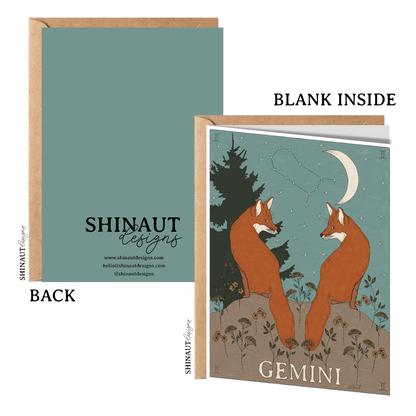 gemini zodiac greeting card with kraft envelope showing front, inside and back of card