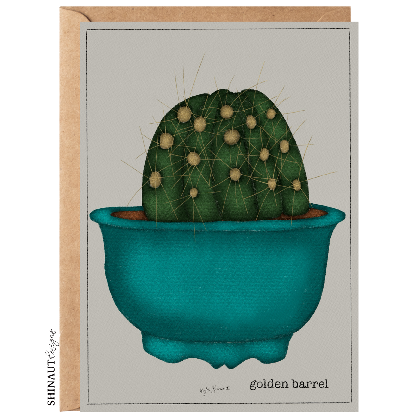 golden barrel cactus greeting card with kraft envelope