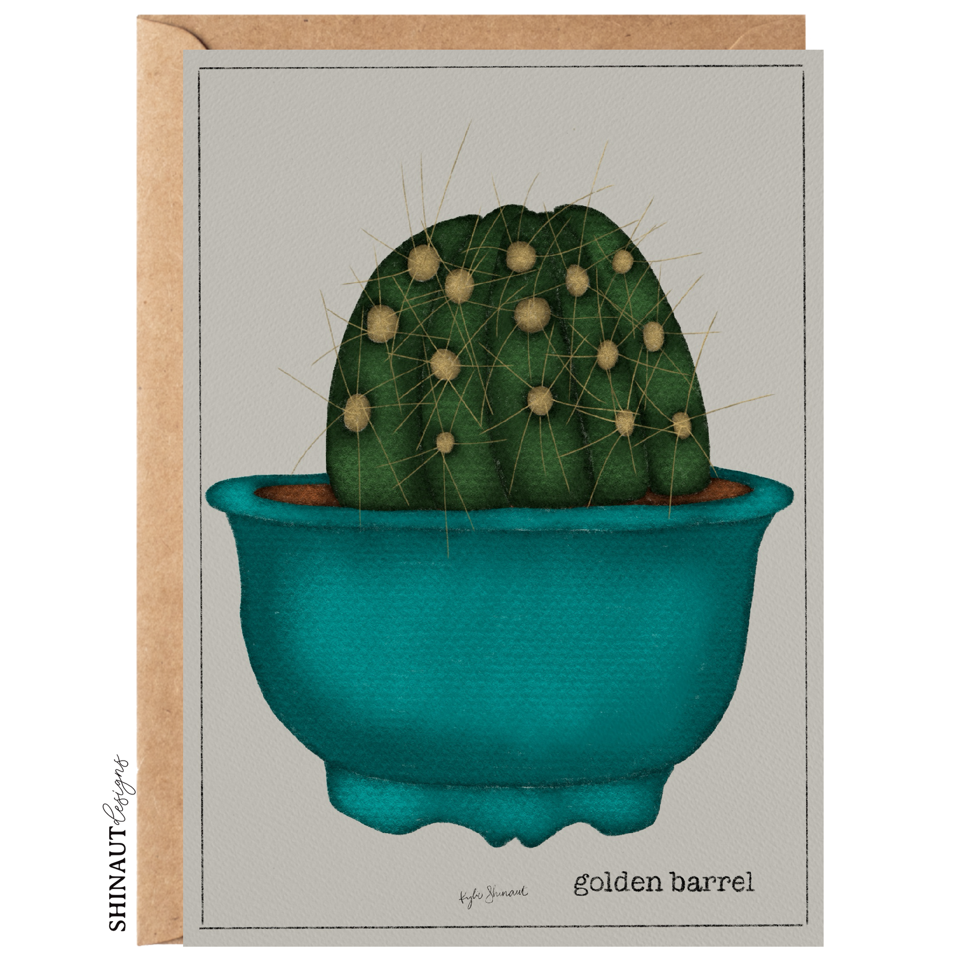 golden barrel cactus greeting card with kraft envelope