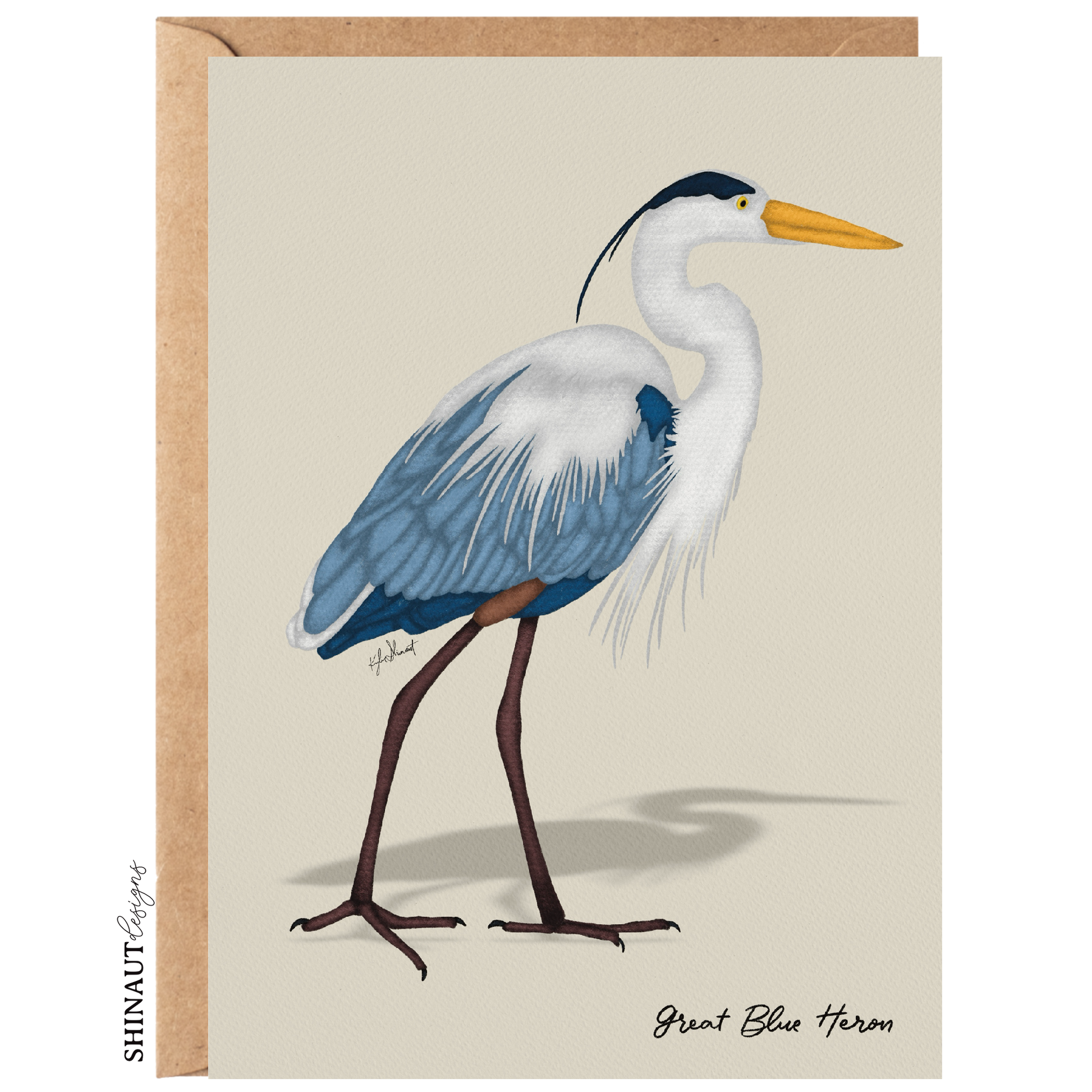 great blue heron greeting card with kraft envelope