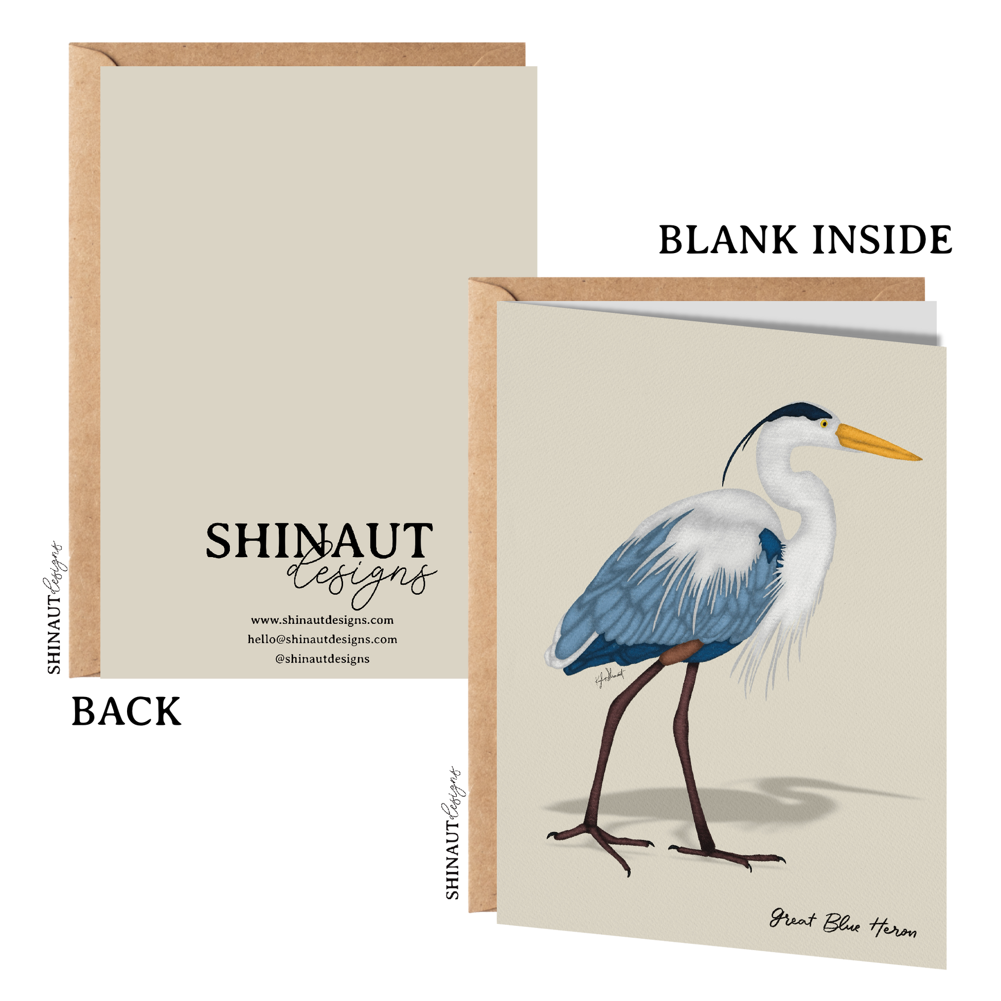 great blue heron greeting card with kraft envelope showing front, inside and back of card