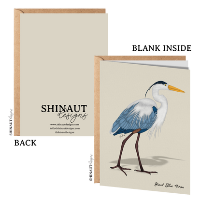 great blue heron greeting card with kraft envelope showing front, inside and back of card