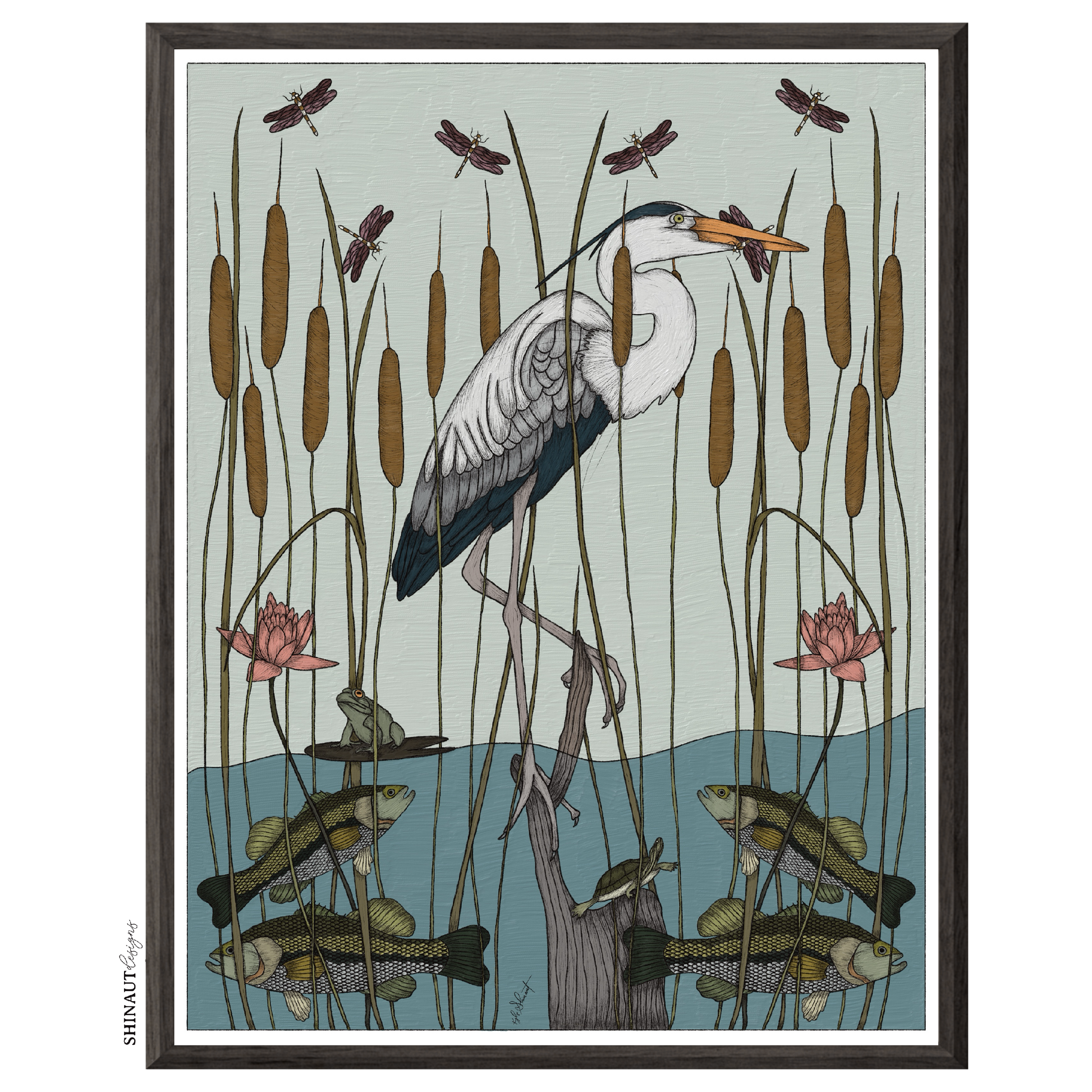 great blue heron nouveau art print in black picture frames