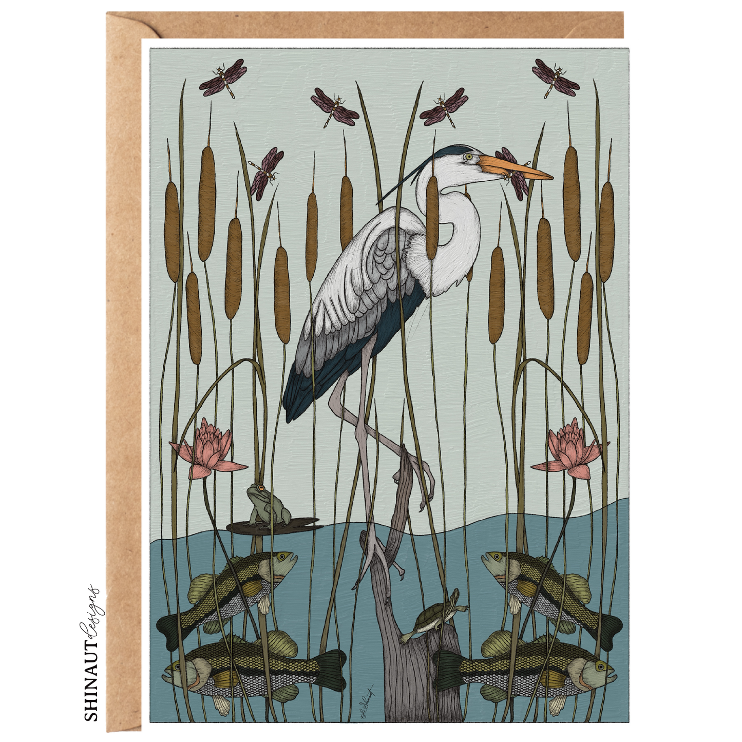 great blue heron nouveau greeting card with kraft envelope