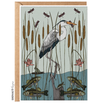 great blue heron nouveau greeting card with kraft envelope