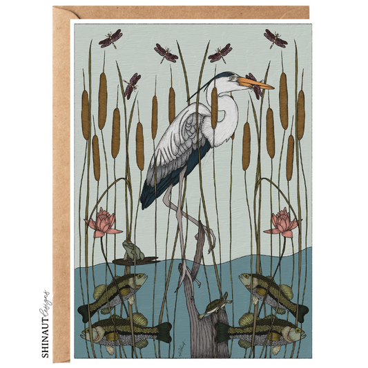 great blue heron nouveau greeting card with kraft envelope