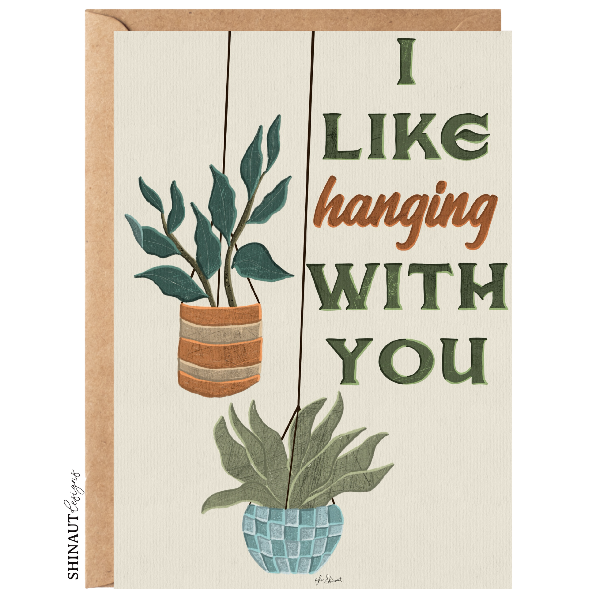 hanging plants in quote greeting card with kraft envelope