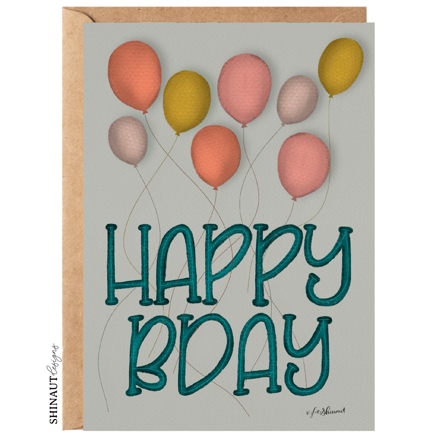 happy b-day balloons greeting card with kraft envelope