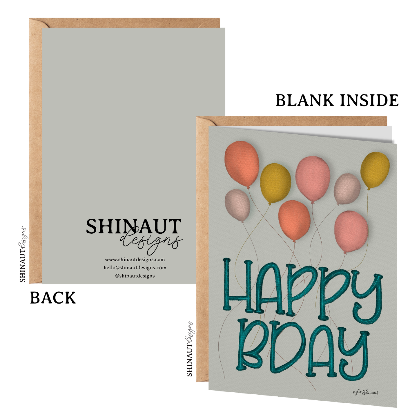 happy b-day balloons greeting card with kraft envelope showing front, inside and back of card