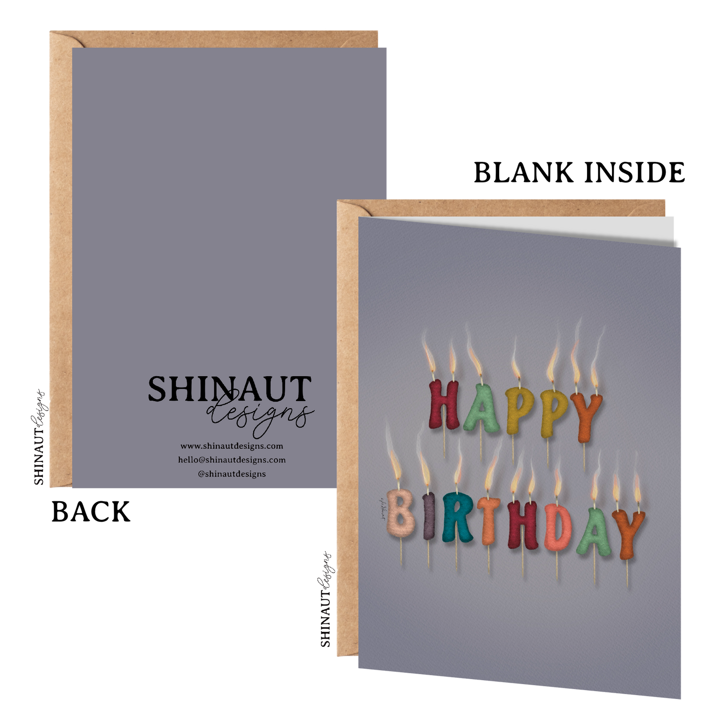 happy birthday cake candles greeting card with kraft envelope showing front, inside and back of card