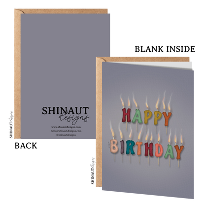 happy birthday cake candles greeting card with kraft envelope showing front, inside and back of card