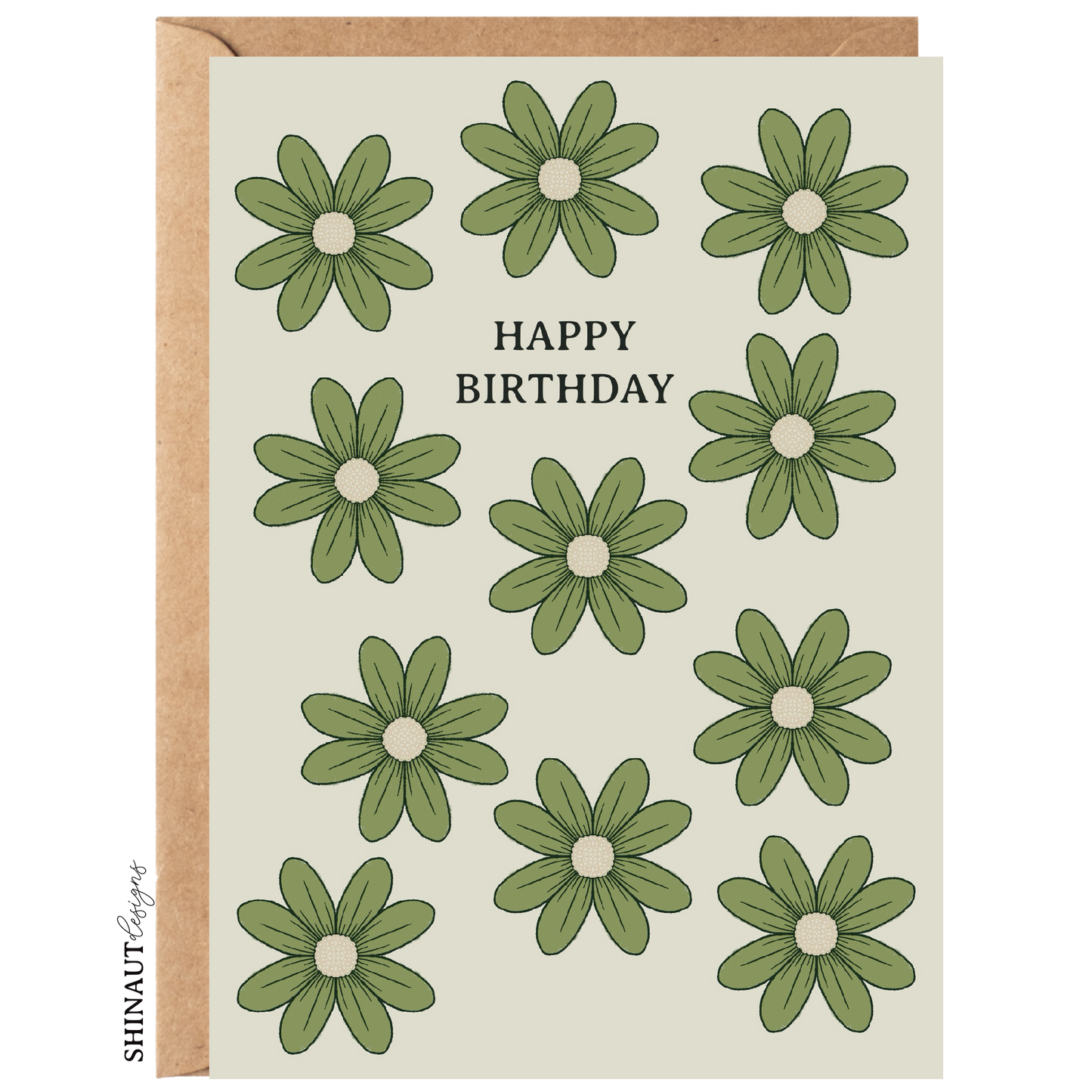 happy birthday wildflowers in kiwi green greeting card with kraft envelope