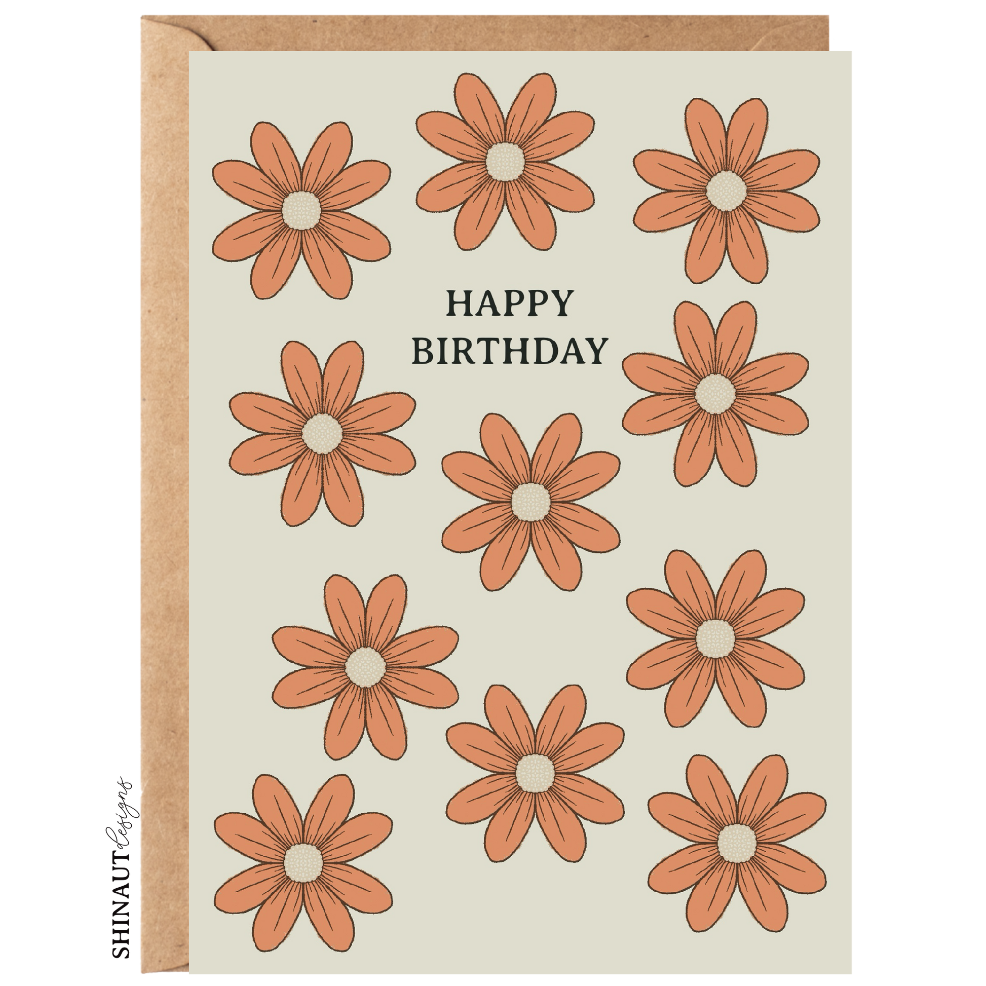 happy birthday wildflowers in orange sherbet greeting card with kraft envelope