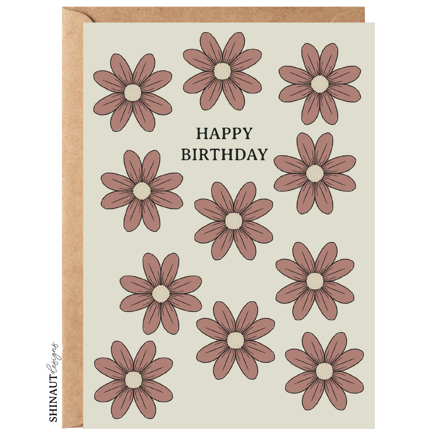 happy birthday wildflowers in peach skin greeting card with kraft envelope