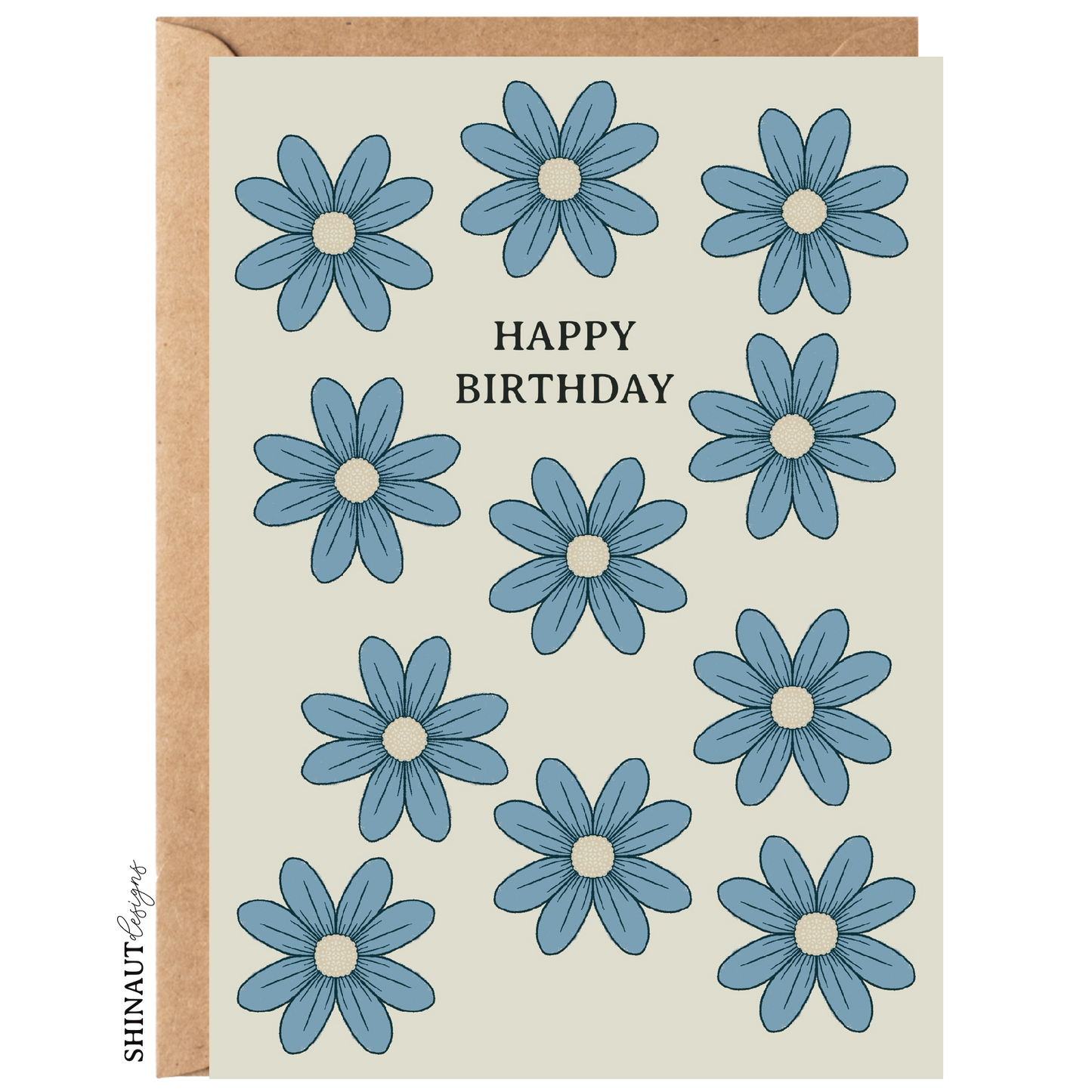 happy birthday wildflowers in sky blue greeting card with kraft envelope