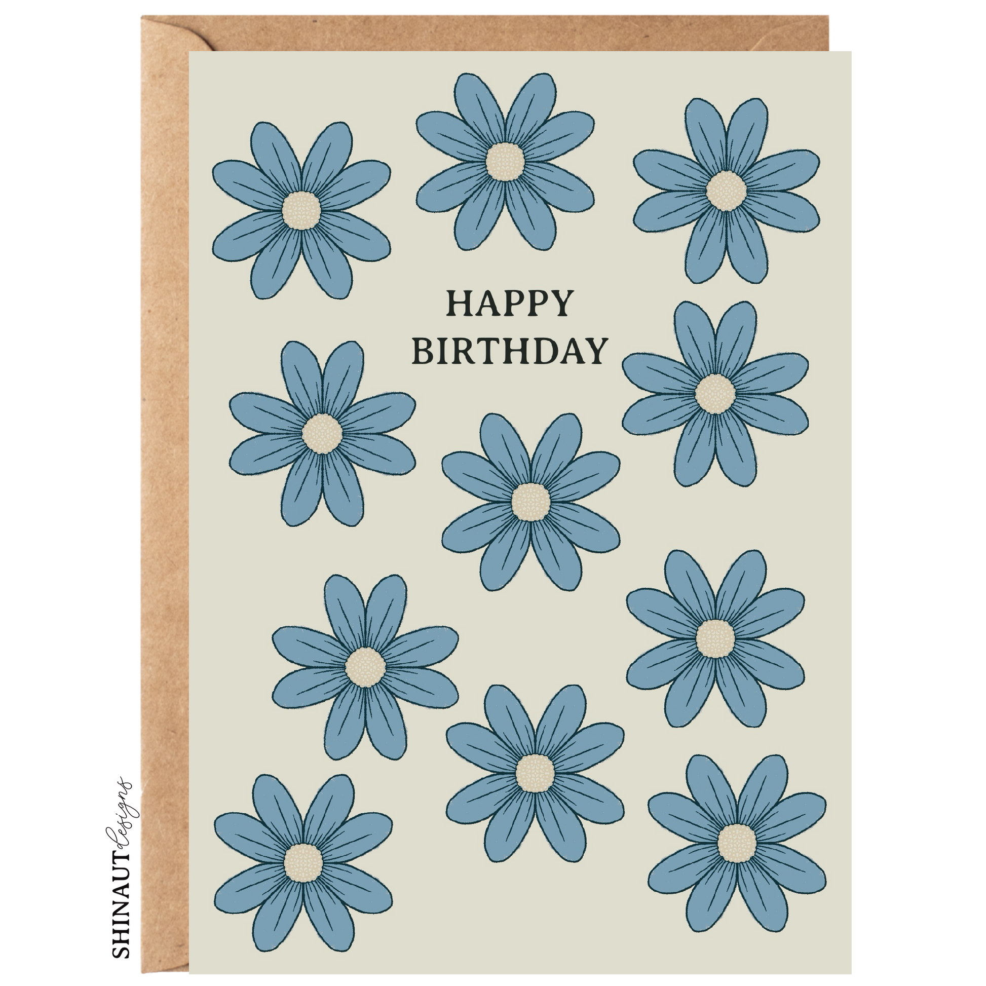 happy birthday wildflowers in sky blue greeting card with kraft envelope