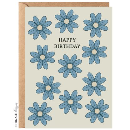 happy birthday wildflowers in sky blue greeting card with kraft envelope