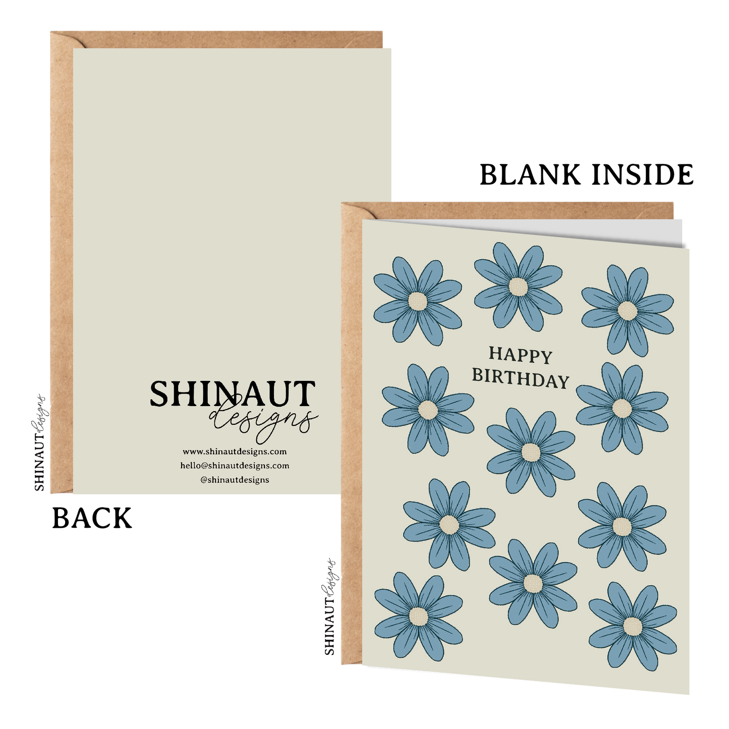 happy birthday wildflowers in sky blue greeting card with kraft envelope showing front, inside and back of card