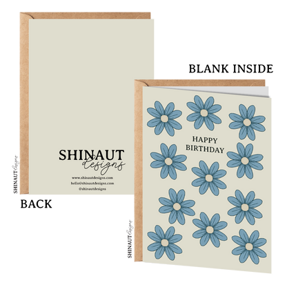 happy birthday wildflowers in sky blue greeting card with kraft envelope showing front, inside and back of card