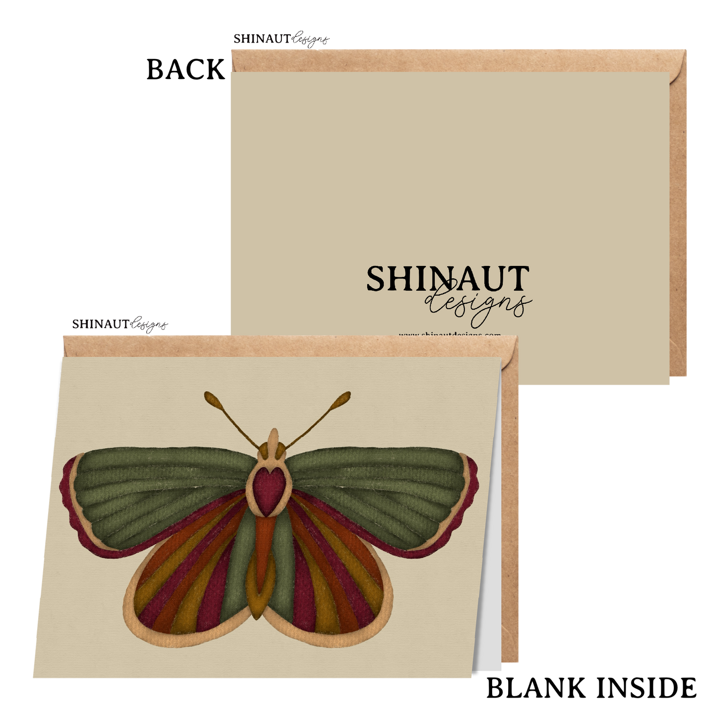 harvest butterfly greeting card with kraft envelope showing front, inside and back of card