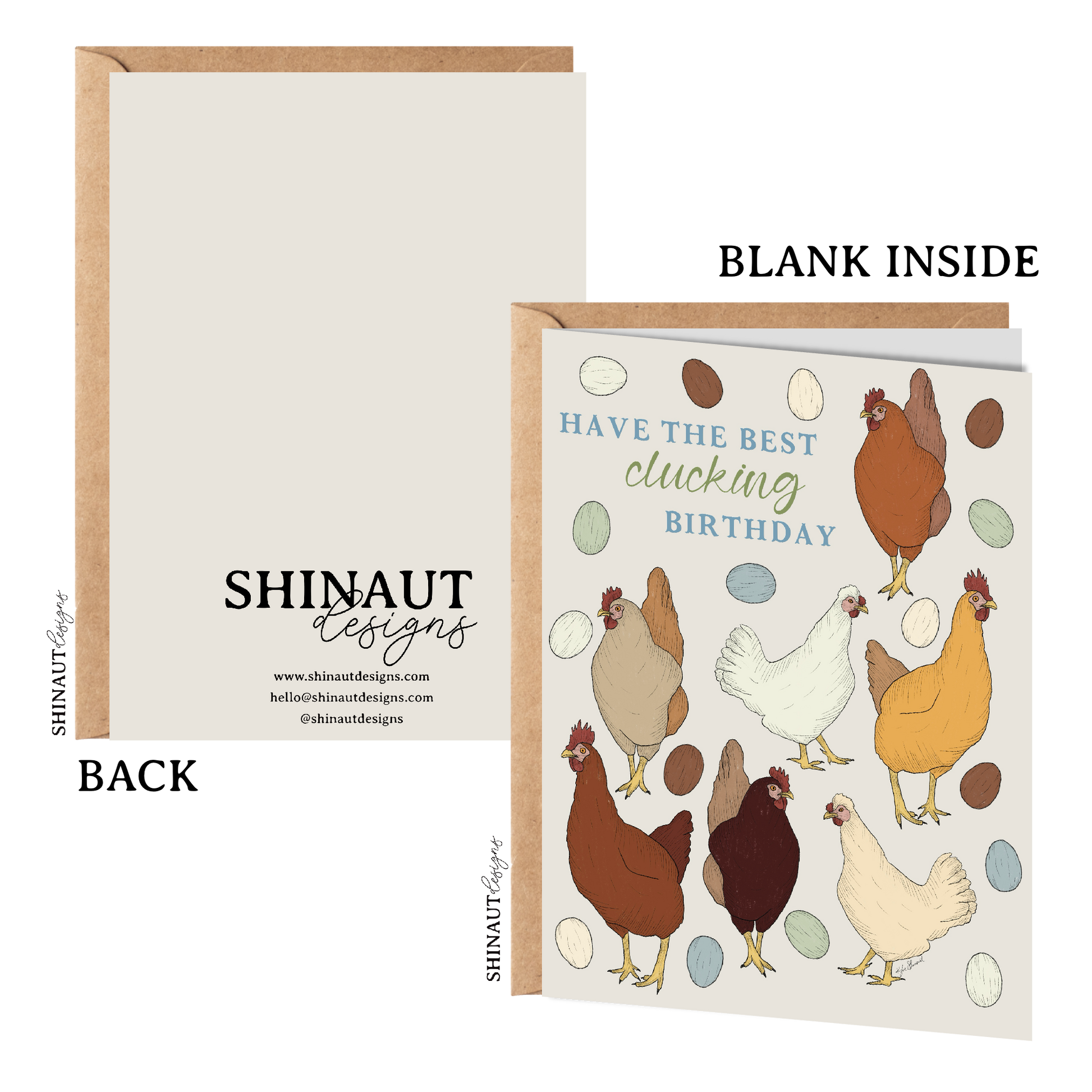 have the best clucking birthday chicken greeting card with kraft envelope showing front, inside and back of card