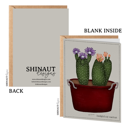 hedgehog cactus greeting card with kraft envelope showing front, inside and back of card