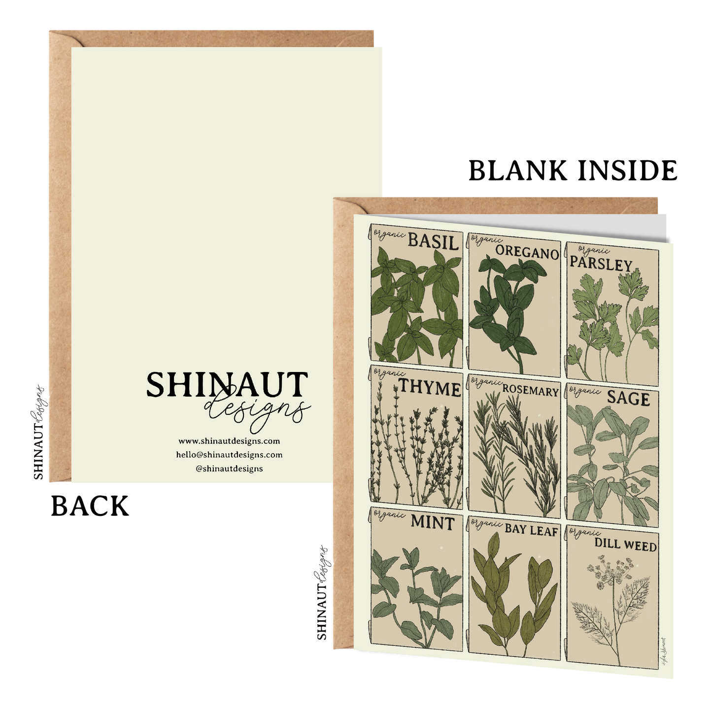 herb seed packets greeting card with kraft envelope showing front, inside and back of card