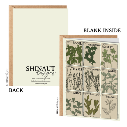 herb seed packets greeting card with kraft envelope showing front, inside and back of card