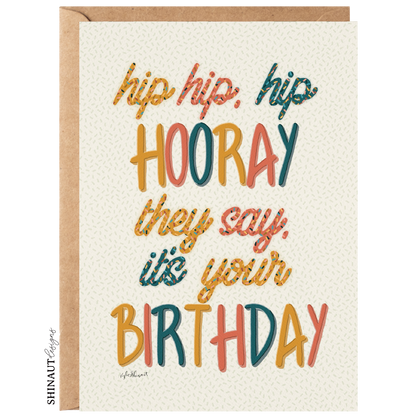 hip hip hip hooray birthday greeting card with kraft envelope