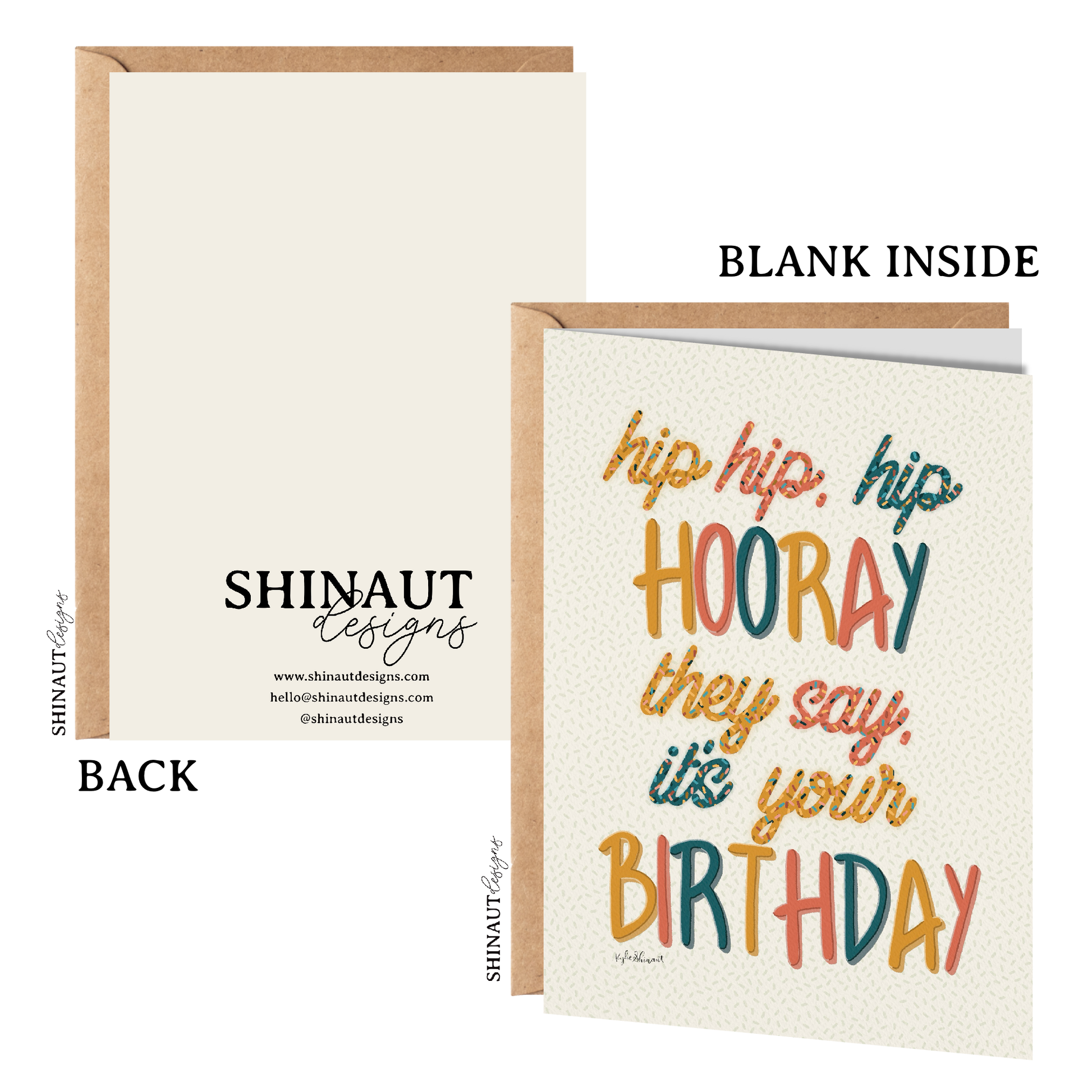 hip hip hip hooray birthday greeting card with kraft envelope showing front, inside and back of card