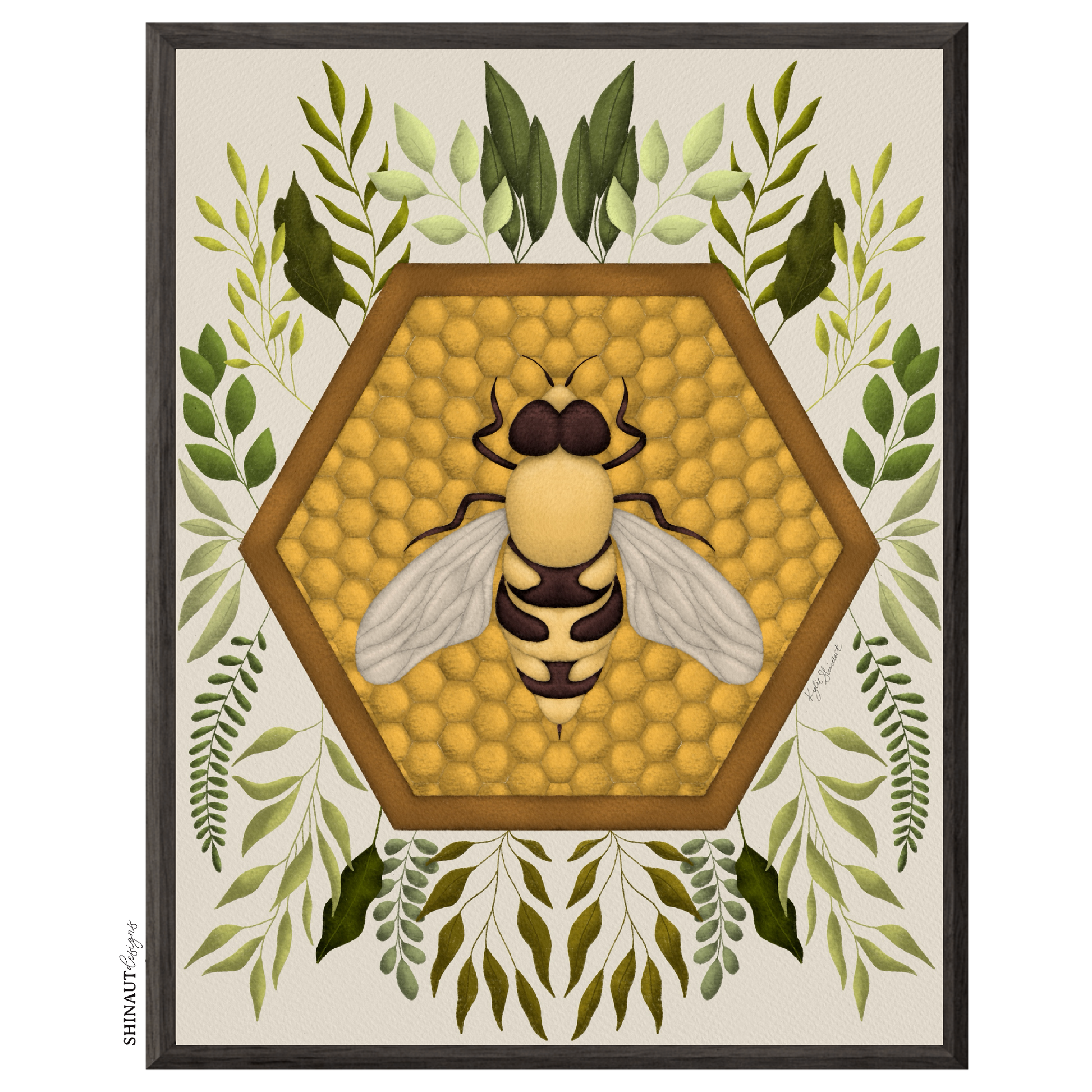 honey bee art print in black picture frames