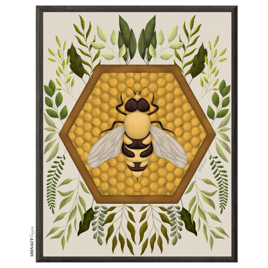 honey bee art print in black picture frames