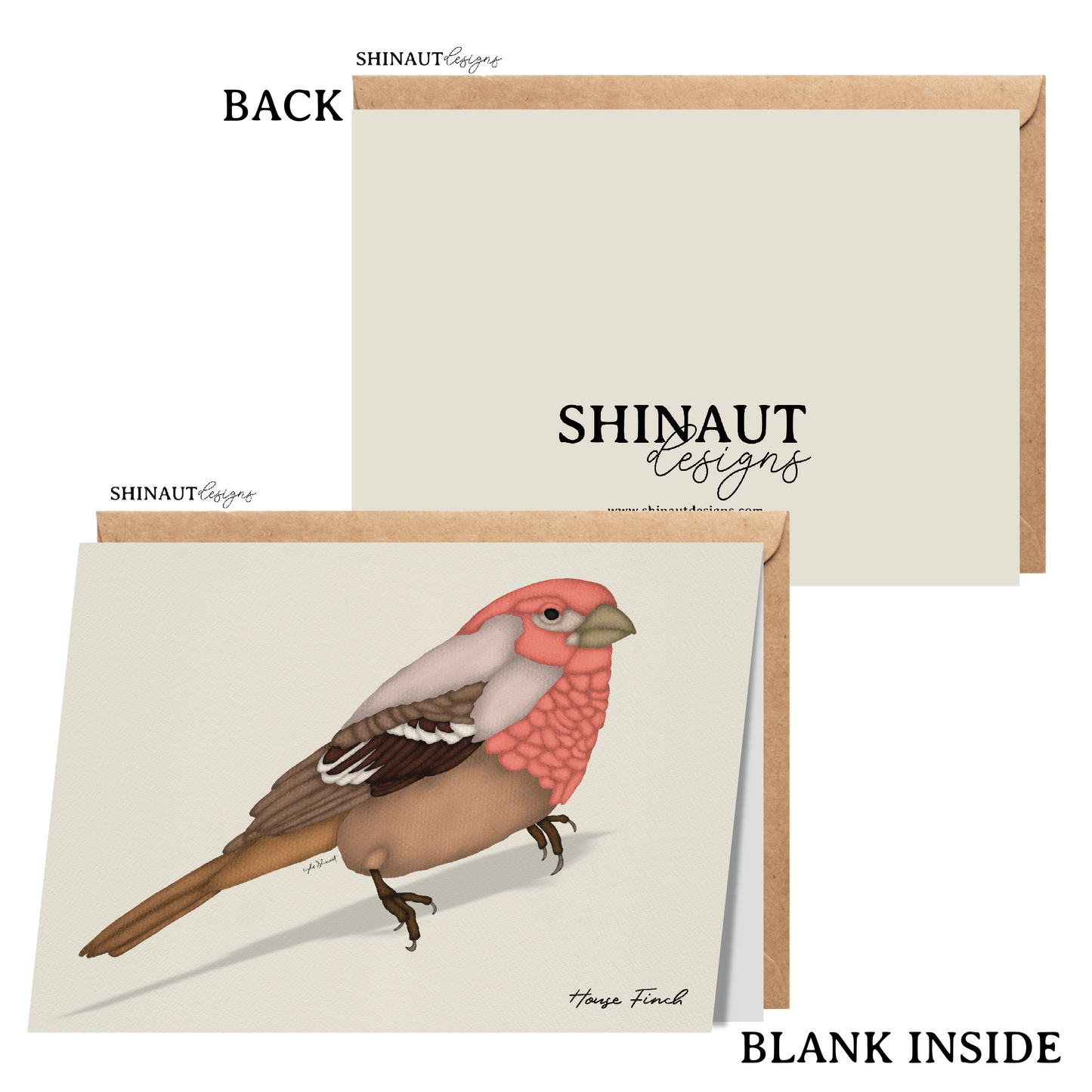 house finch greeting card with kraft envelope showing front, inside and back of card