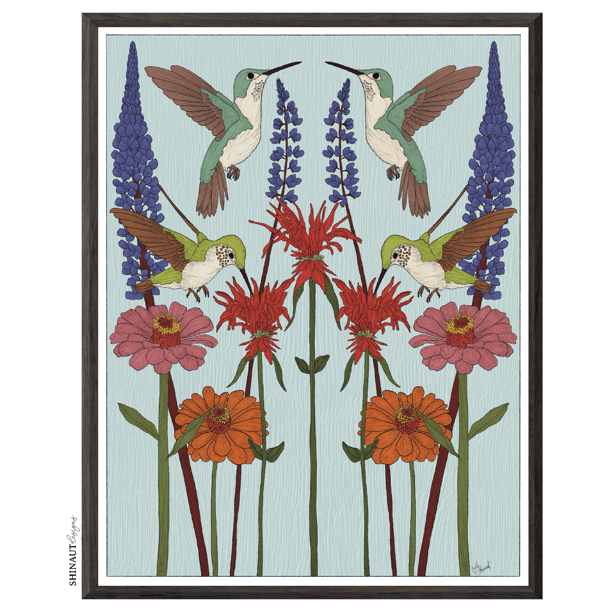 hummingbird nouveau art print in black picture frame