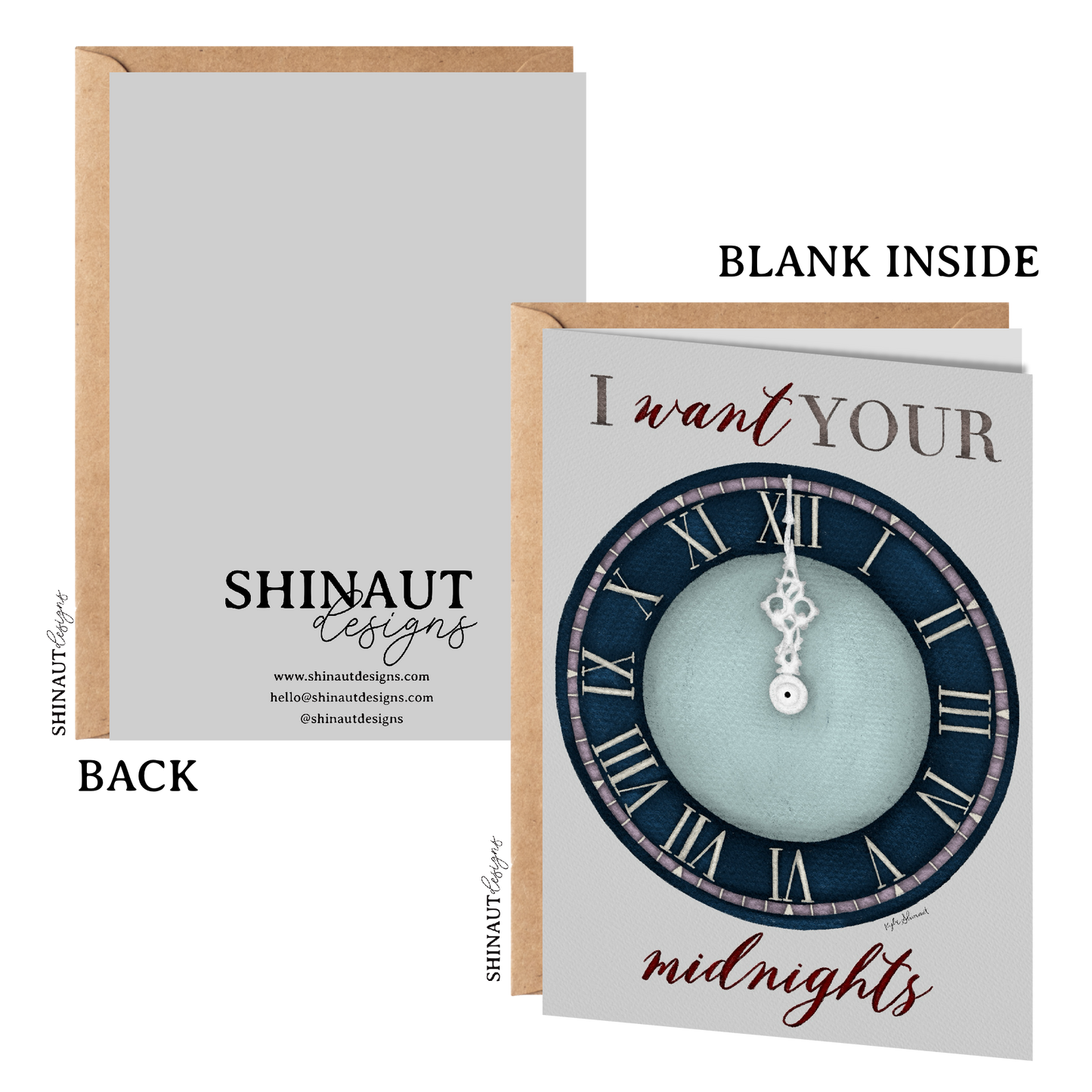 i want your midnights greeting card with kraft envelope showing front, inside and back of card