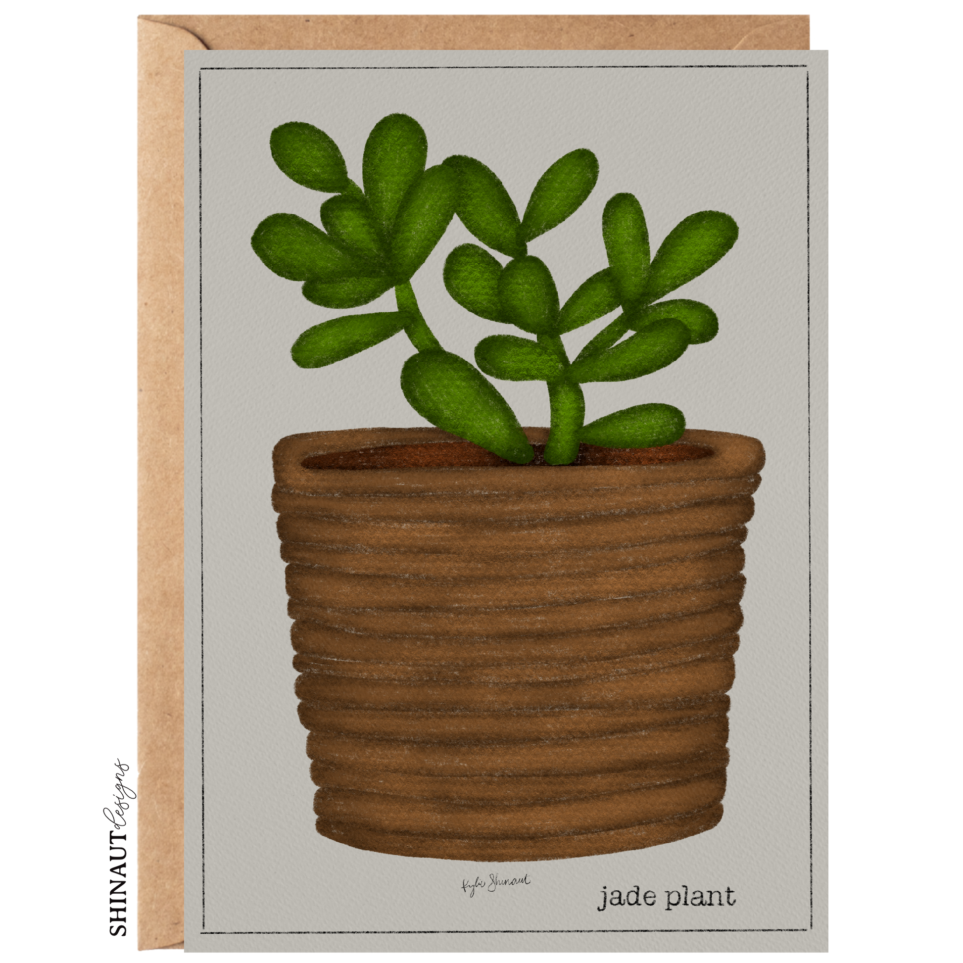 jade plant succulent greeting card with kraft envelope