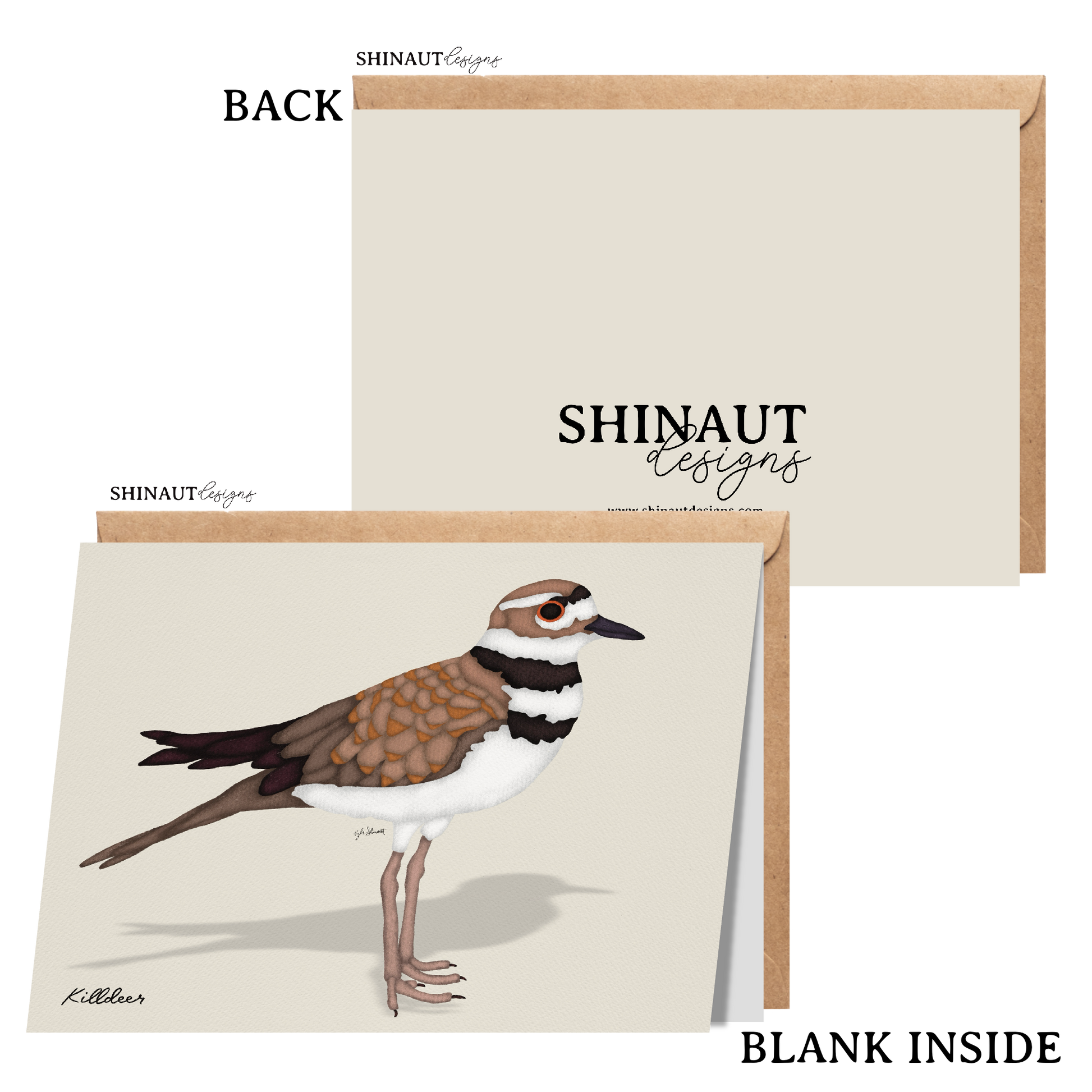 killdeer greeting card with kraft envelope showing front, inside and back of card