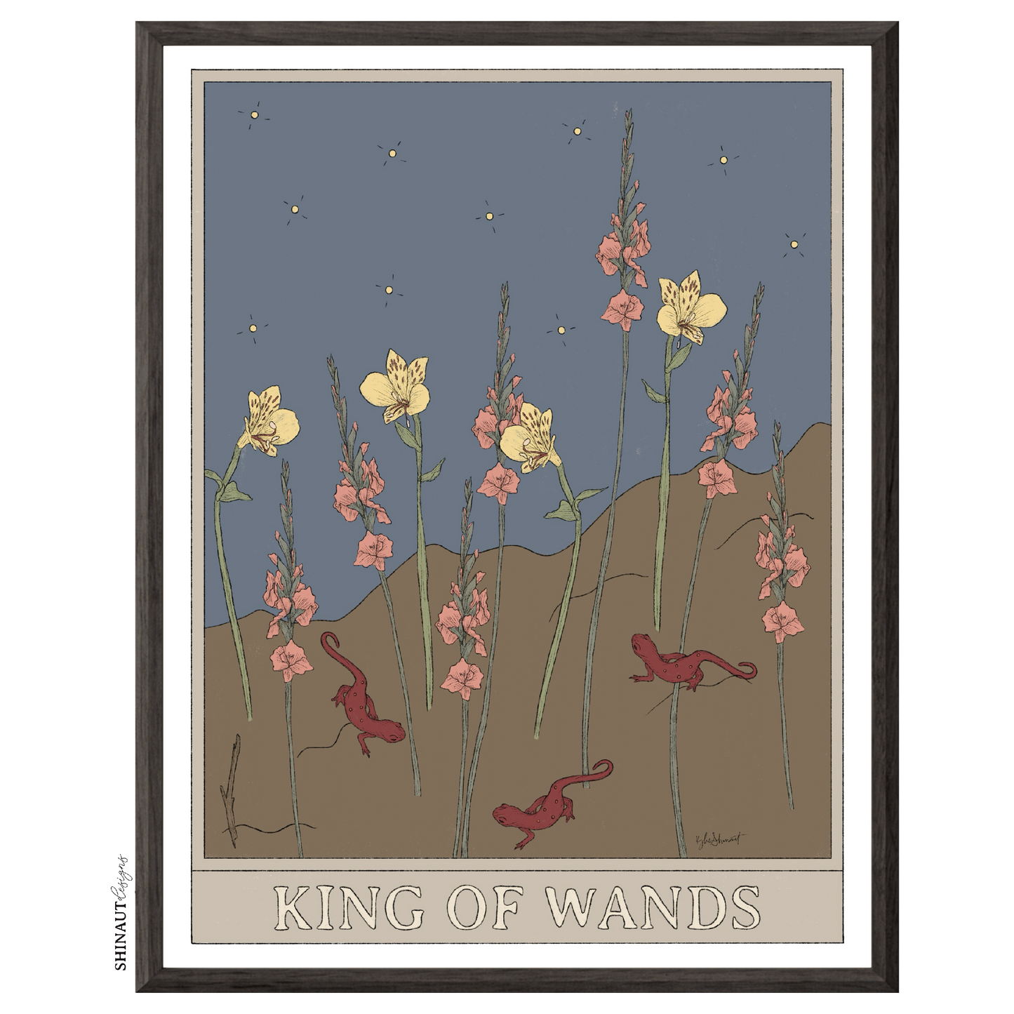 king of wands tarot art print in black picture frame