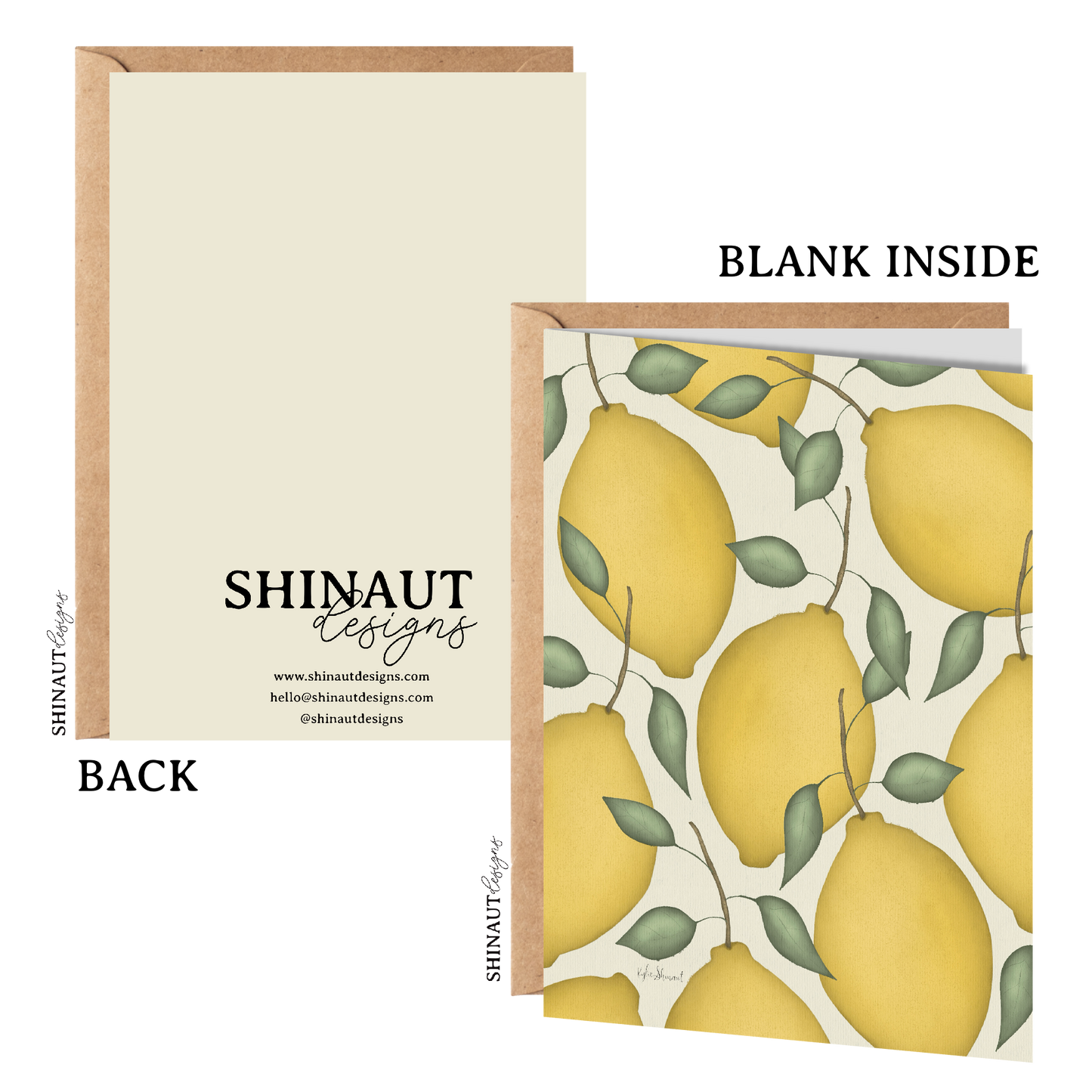 lemon bunch greeting card with kraft envelope showing front, inside and back of card