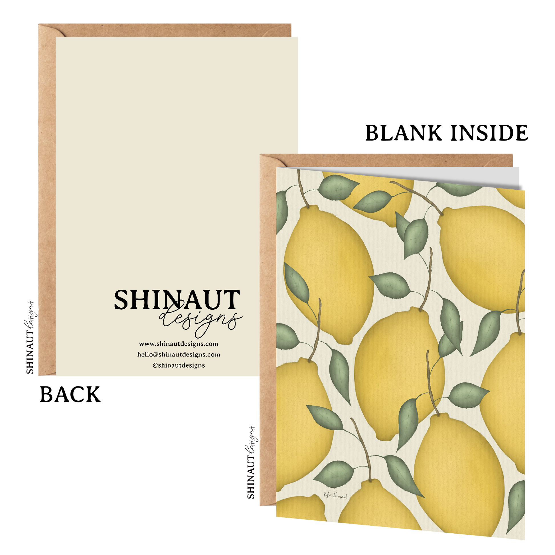 lemon bunch greeting card with kraft envelope showing front, inside and back of card