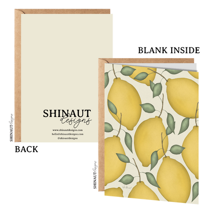 lemon bunch greeting card with kraft envelope showing front, inside and back of card