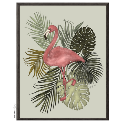 light pink flamingo art print in black picture frames