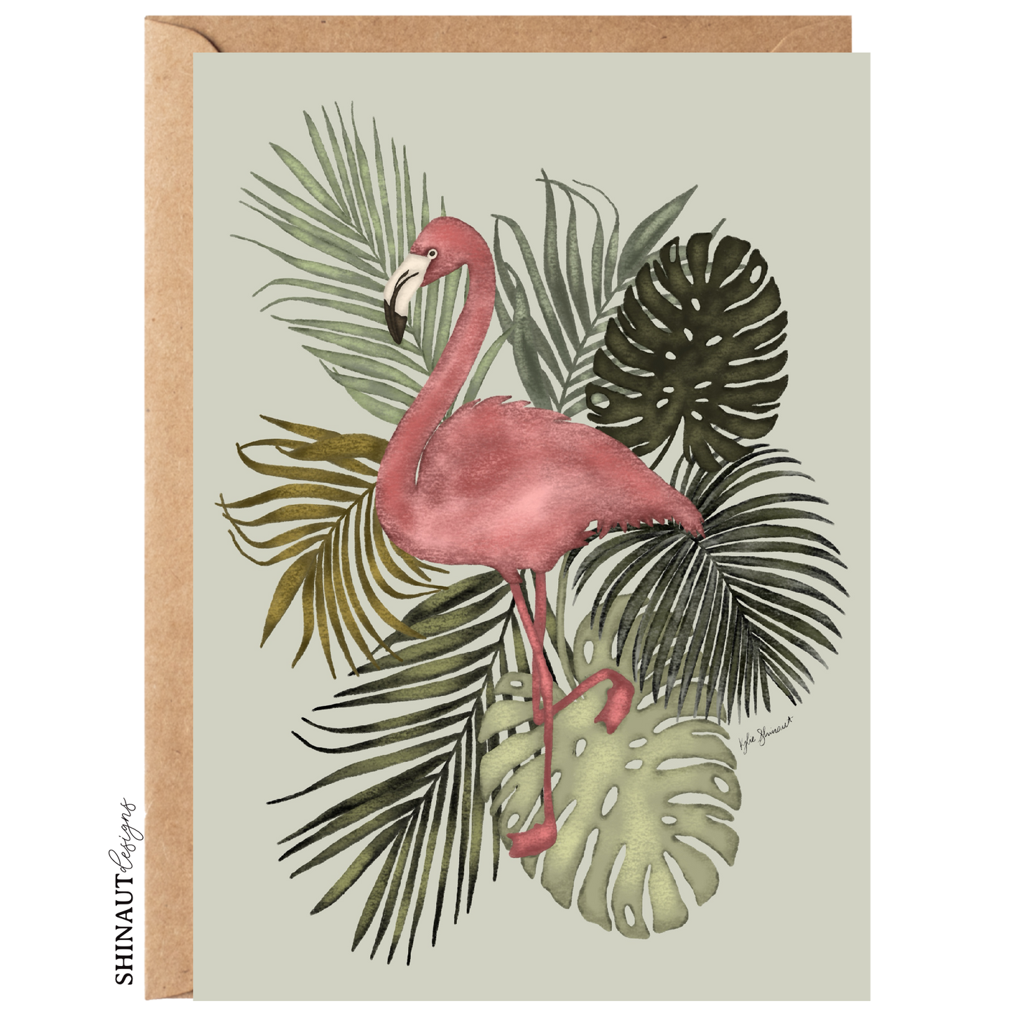 light pink flamingo greeting card with kraft envelope