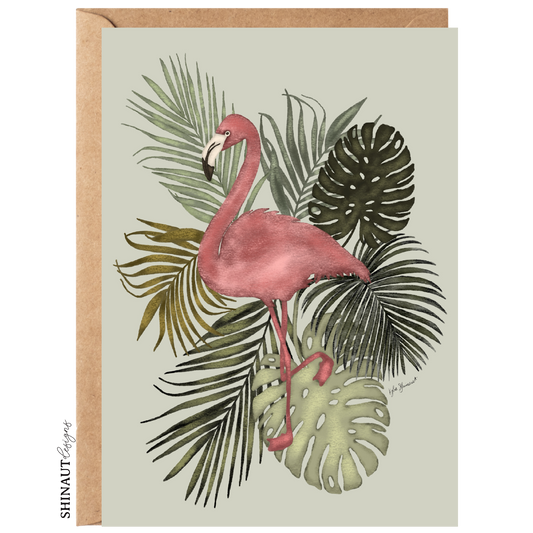 light pink flamingo greeting card with kraft envelope