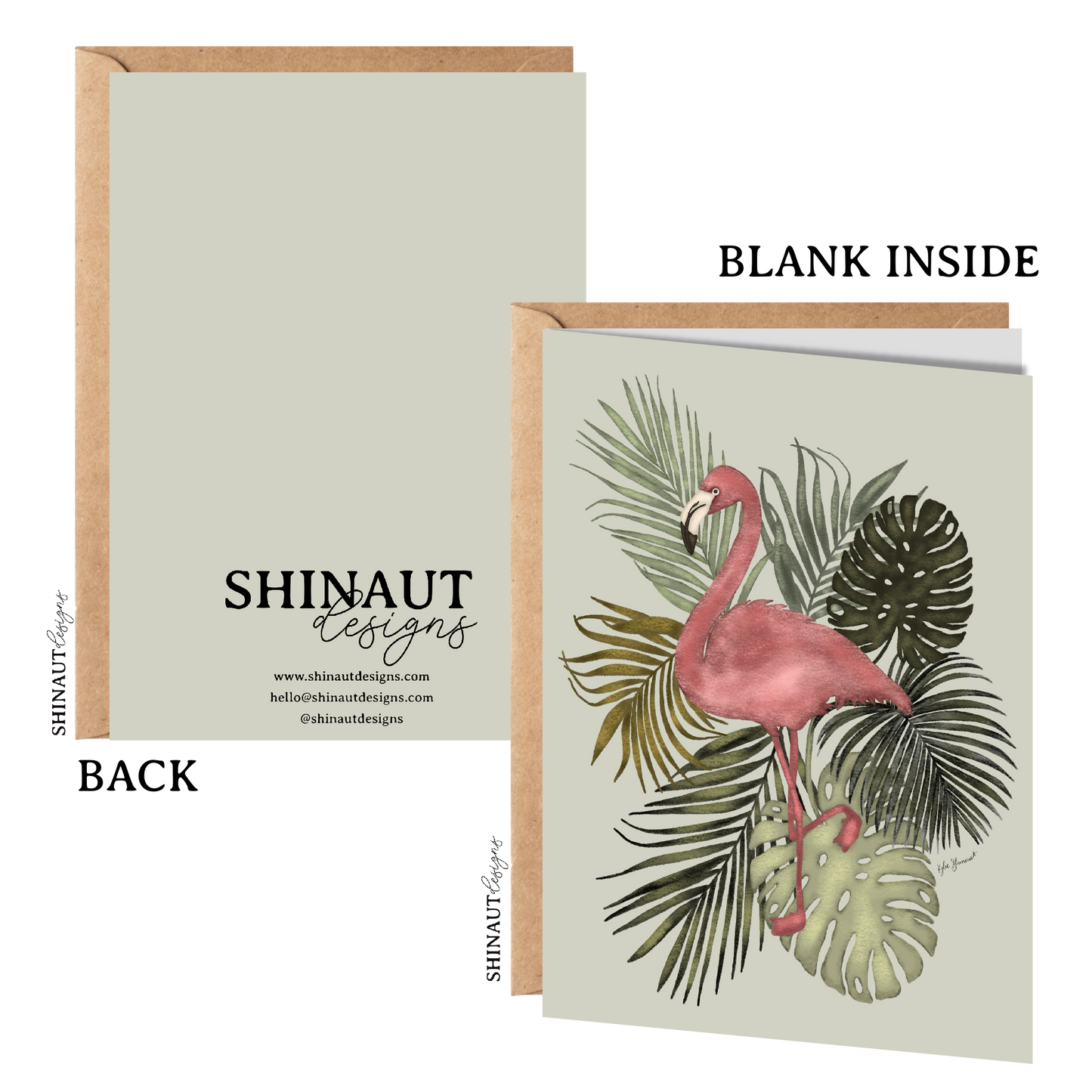 light pink flamingo greeting card with kraft envelope showing front, inside and back of card