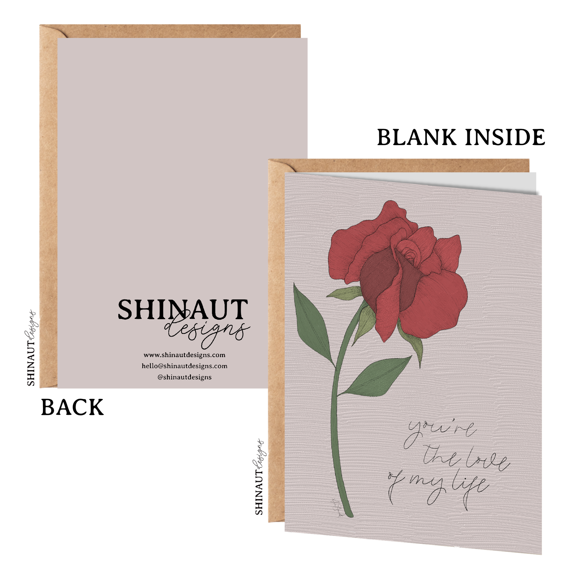 love of my life rose greeting card with kraft envelope showing front, inside and back of card