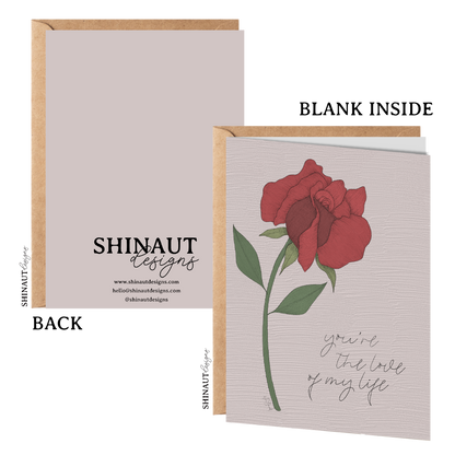 love of my life rose greeting card with kraft envelope showing front, inside and back of card