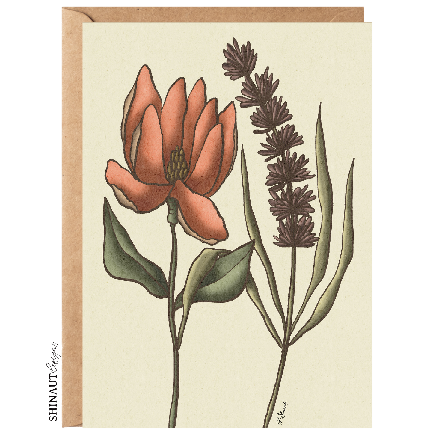 magnolia and lavender greeting card with kraft envelope